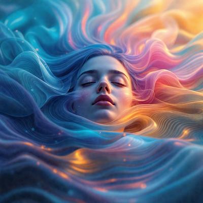 The primary subject of the image is a woman with long hair, who is lying down in a body of water. The setting is a vibrant, colorful environment, with the woman surrounded by a mix of blue and orange hues. The visual style of the image is a combination of photo and digital art, creating a unique and artistic representation of the woman in the water. The overall atmosphere of the image is one of tranquility and beauty, as the woman appears to be at peace in the serene surroundings.